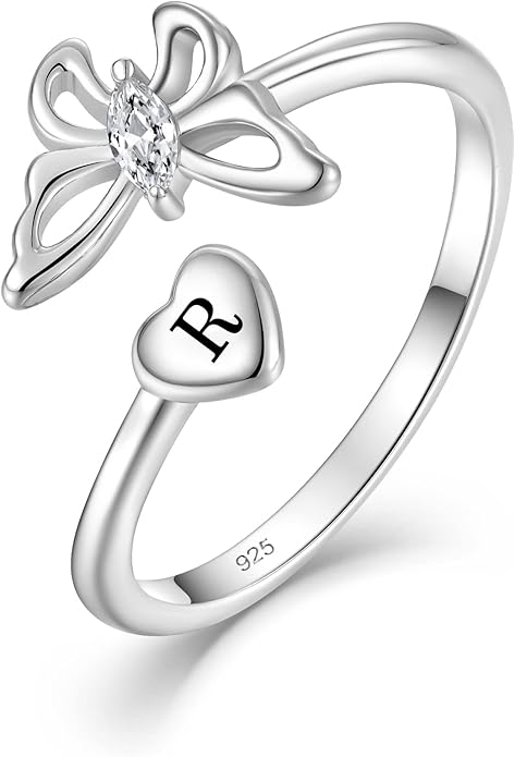 STARCHENIE Butterfly Initial Ring for Women 925 Sterling Silver Letters A-Z 26 Alphabet Adjustable Ring Size 7