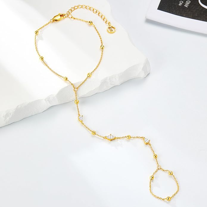 Cicy Bell Hand Chain 18k Gold Plated Bracelet for Women Trendy Teardrop Cubic Zirconia Adjustable Finger Ring Slave Dainty Bracelets Jewelry Gifts