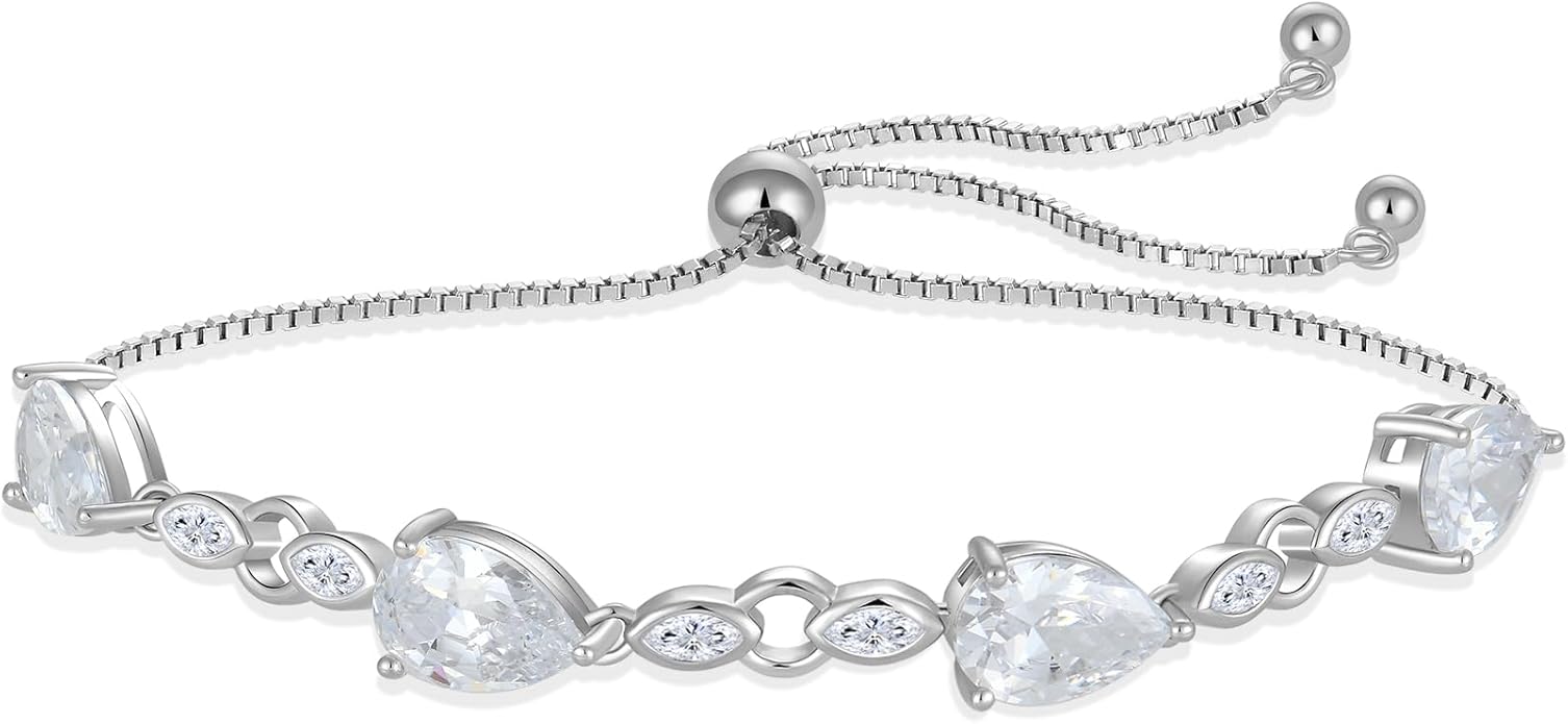 Teardrop Birthstone Bracelet for Women, S925 Sterling Silver Pear Cut Cubic Zirconia Bracelet Dainty Adjustable Chain Jewelry Gift for Her