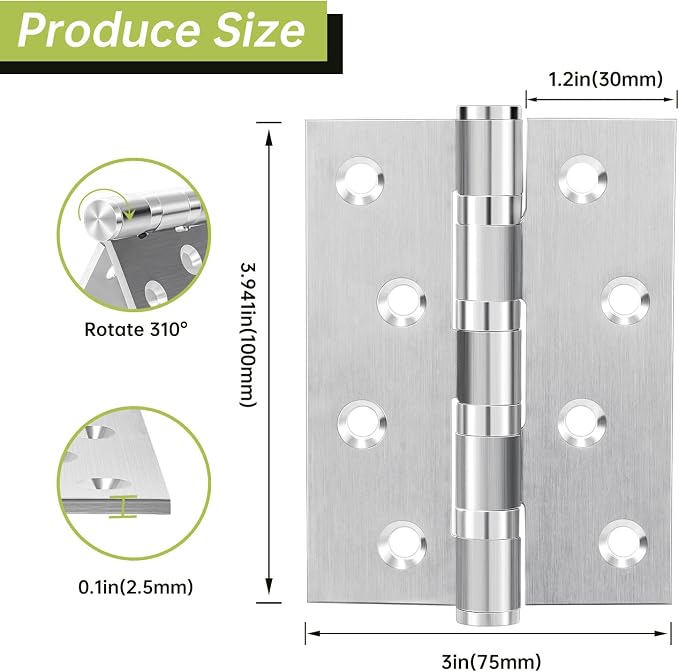 3Pcs Stainless Steel Door Hinges 4 Inch, Heavy Duty Ball Bearing Hinges - Image 2