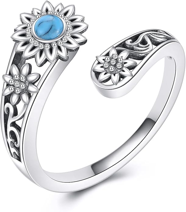 VONALA Dragonfly/Butterfly/Tree of Life/Sunflower Ring for Women 925 Sterling Silver Adjustable Turquoise Ring Flower Antique Jewelry Gifts