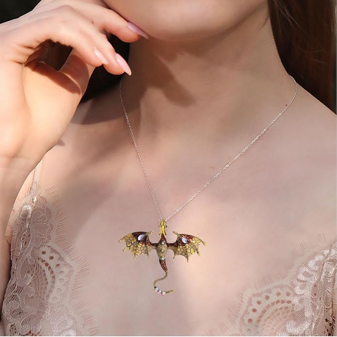 Rrdaily Gothic Dragon Necklace Crystal Enamel Dragon Pendant Necklace Vintage Dragon Animal Necklace Cartoon Flying Dragon Necklace Festival Birthday Jewelry for Men and Women