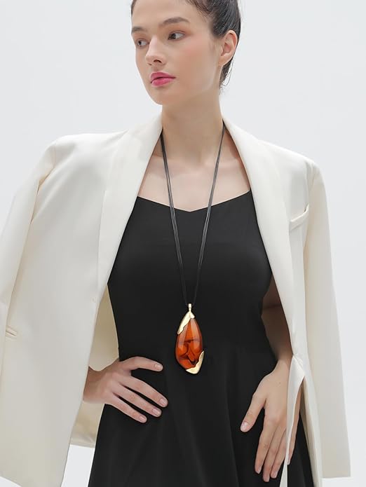 GelConnie Leather Necklace for Women Large Pendant Long Brown Necklace Circle Leather Choker Vintage Sweater Necklace Gold Chunky Boho Necklaces for Women