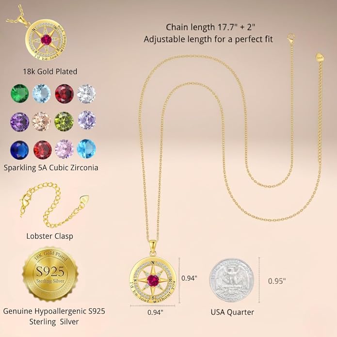 Compass Necklace for Women Wife Girlfriend Mom Daughter Gifts S925 Sterling Silver Jewelry For Anniversary Rose Gold Gifts For Birthday Christmas Mothers Valentines Day 12 Birthstones