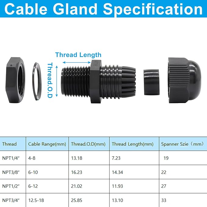 6Pcs 3/8" NPT Cable Glands, Waterproof, Adjustable Power Strain Relief Cord - Image 3
