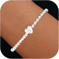 Valentines Day Gifts for Women Her - Dainty Beaded Heart Initial Bracelets Letter A-Z Charm Stretch Bead Ball Bracelet Trendy Jewelry Gifts