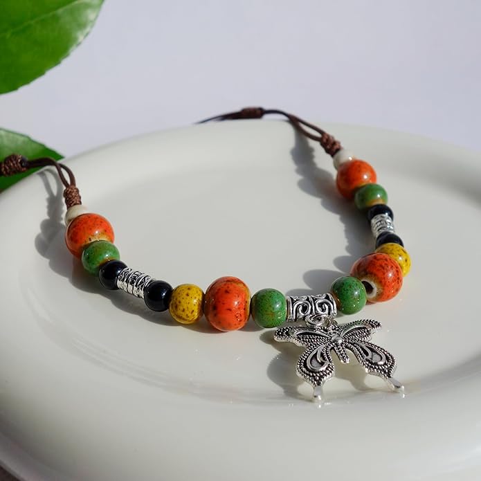 Boho Style Colorful Ceramic Bead Strand Necklace Adjustable Bohemian Jewelry Gift for Women, Fashion Clothing Matching Necklace