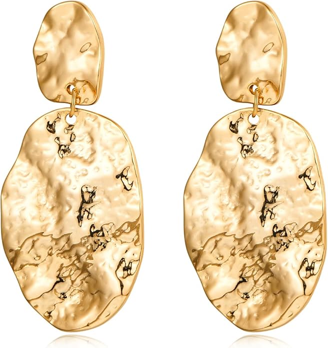 Chunky Gold Earrings for Women - Hammered Gold Plated Dangle Drop Jewelry Gifts