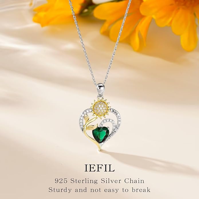 Iefil Valentines Day Gifts for Her - Sunflower Heart Birthstone Necklace Gifts for Women, Anniversary Birthday Gifts for Her 925 Sterling Silver Necklace You Are My Sunshine Jewelry for Wife Mom