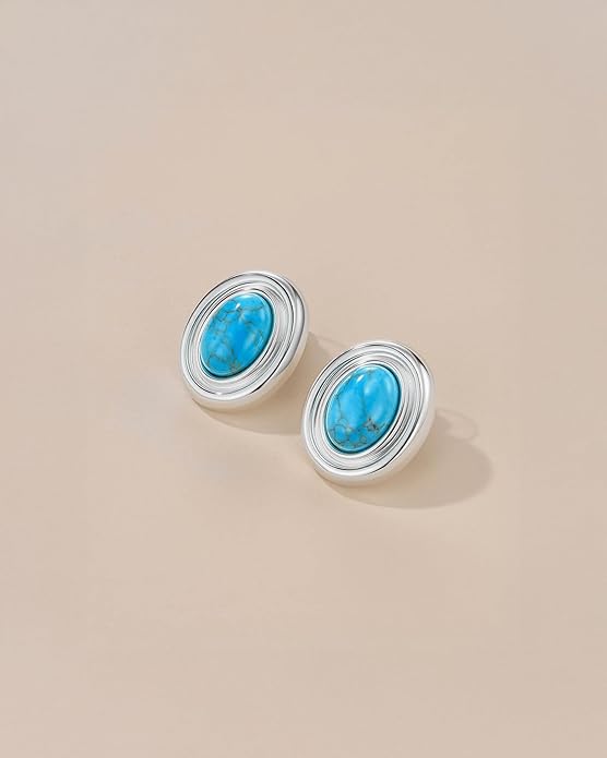 18K gold plated Medium Oval Button Chunky Statement Earrings for Women by SNGIA, (Turquoise, Carnelian, Aventurine, Amethyst, Malachite, Cat Eye, White, Cream) Bold Handmade Colored (Red, Blue, Green, White, Cream, Purple) Exaggerated Dome Retro Rounde...