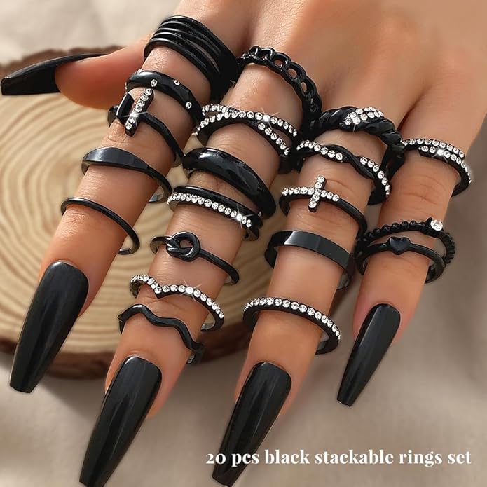 KISS WIFE Goldenen Silvery Black Kunckle Rings Set for Women, Dainty Simple Trendy Cute Stackable Finger Rings Pack, Perfect for Stacking Layering on Thumb and Knuckle, Mixed Size, Jewelry Gift
