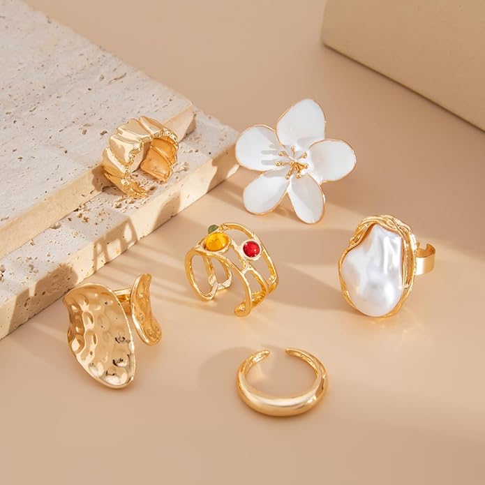 CJIAYUJEW Chunky Gold Flower Rings Pearl Stacking Statement Rings for Women Silver Chunky Knuckle Ring Set Adjustable Pearl Finger Ring Sets