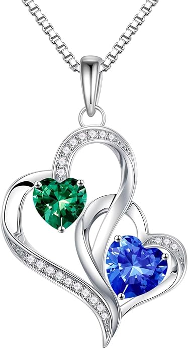 Iefil Valentines Day Gifts for Her - 925 Sterling Silver Double Birthstone Necklace, Heart Necklaces for Women, Anniversary Birthday Gifts, Personalized Jewelry Gift for Wife Mom Girlfriend