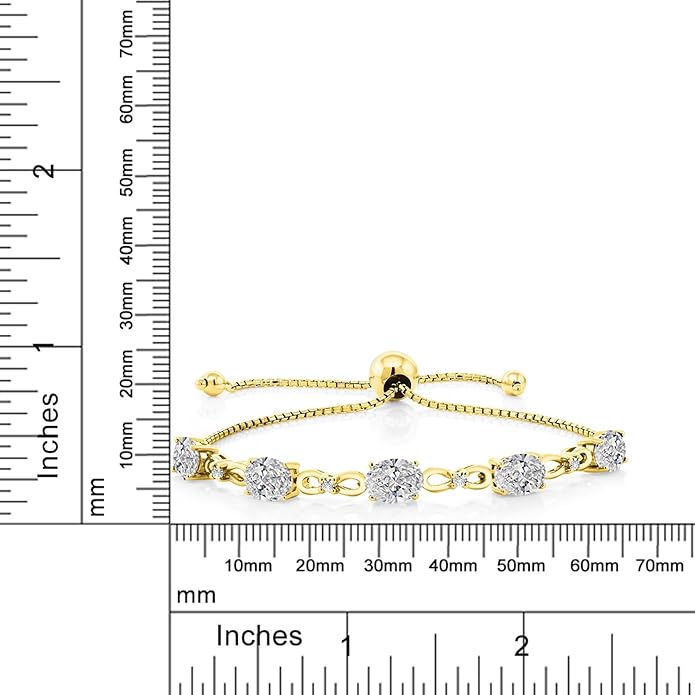 Gem Stone King 7X5MM Oval Cut Gemstone Birthstone and Accent Lab Grown Diamond Tennis Bracelet For Women In 18K Yellow Gold Plated Silver | Adjustable Bolo Bracelet For Women | Easy-On Easy-Off