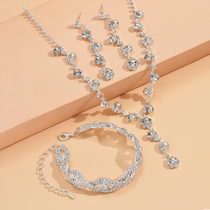 Silver Crystal Bridal Jewelry Set, Teardrop Dangle Earrings Rhinestone Necklace Bracelet for Bride Bridesmaid Crystal Bridal Wedding Party Jewelry Sets
