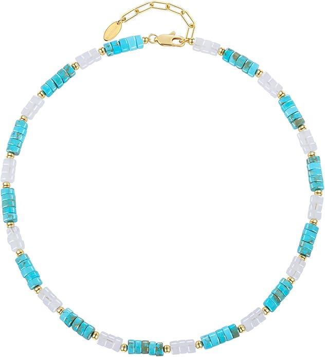 Beaded Necklace for Women, Colorful Boho Beach Handmade Bead Choker, 14K Gold Plated Stackable Bohemian Multicolor Natural Stone Necklace