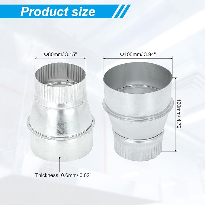 PATIKIL 4 Inch to 3 Inch Duct Reducer, Galvanized Steel Round Air Duct Reducer - Image 2