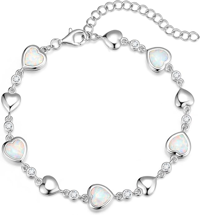 Carleen Birthstone Bracelets for Women 925 Sterling Silver Five Heart Station Created Gemstone Tennis Bracelet Jewelry Anniversary Birthday for Wife, 7"+1.2" Extender