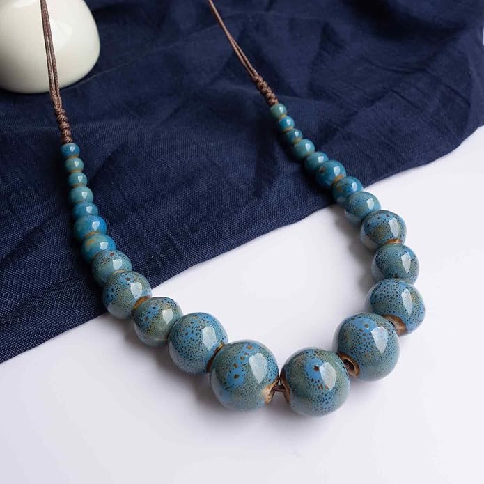 Boho Round Colorful Ceramic Beaded Necklace, Adjustable Hippie Statement Necklace, Handmade Ethnic Jewelry Gift for Women