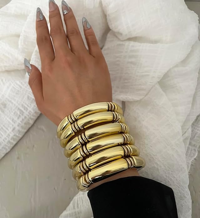 iF YOU 6pcs Chunky Acrylic Bangle Bracelets for Women, Resin Bamboo Brown Stretchy Bracelet Stack, Fashion Jewelry for Women