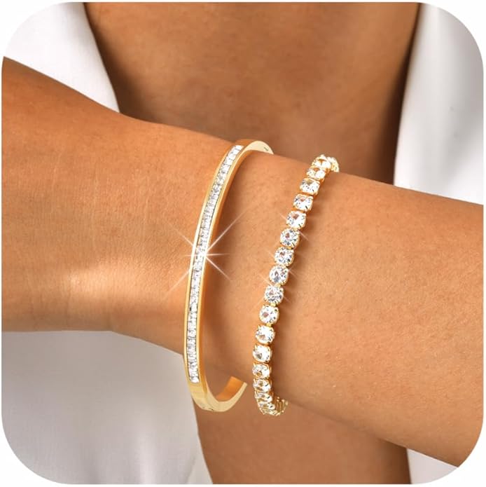 Stackable Gold Bracelets for Women - 2Pcs 18K Gold Plated Cubic Zirconia Bangle Bracelet Friendship Tennis Bracelet Stack Jewelry,Party Christmas Birthday Gifts for Her Girlfriend Sister Wife Daughter