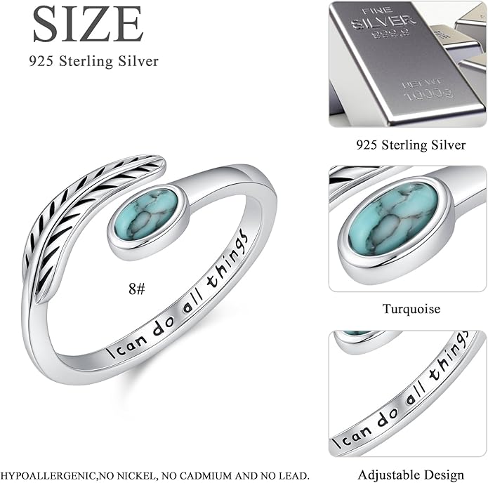 Turquoise/Moss Agate/Moonstone/Black Onyx/Lapis Lazuli/Labradorite/Tiger Eye Feather Ring 925 Sterling Silver Adjustable Ring Western Thumb Rings Vintage Jewelry Gifts for Women