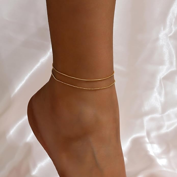 Anklets for Women Dainty CZ Ankle Bracelet 18K Gold Plated Waterproof Boho Dot Star Moon Daisy Ocean Beaded Anklet Trendy Foot Jewelry