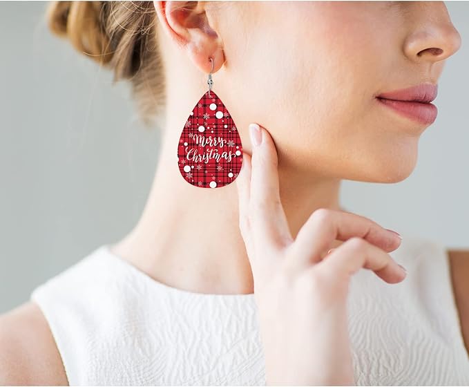 Merry Christmas Leather Teardrop Hook Earrings