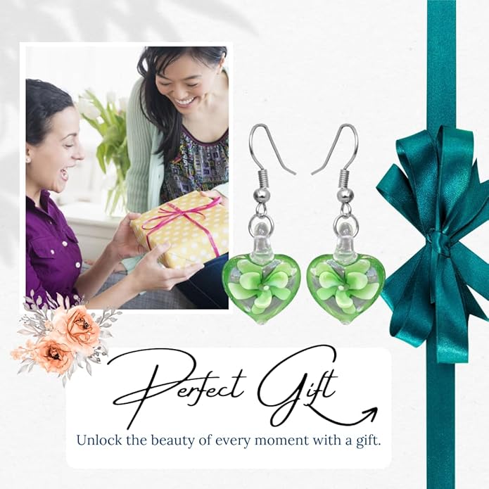 Murano Inspired Glass Hearts and Flowers Hypoallergenic Earrings with stainless steel French ear hooks