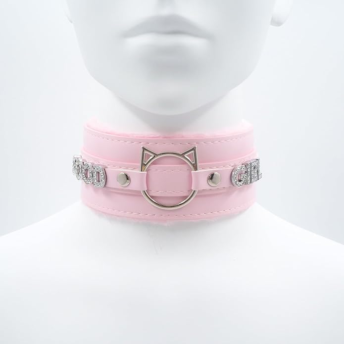Handmade Collar Choker Necklace for Women – Cat Ear O-Ring Punk Goth Letter Choker,Black/Pink Furry Alt Fashion Jewelry