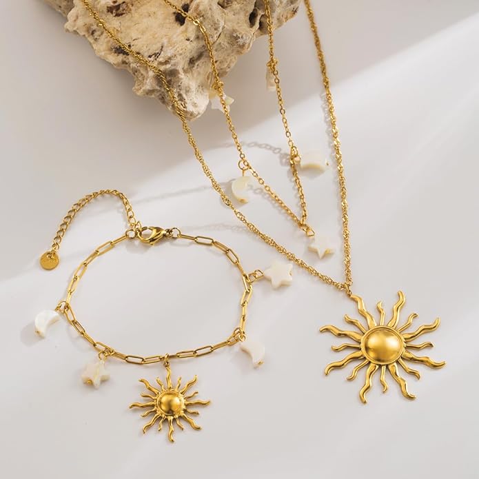 Gold Necklace for Women, Dainty 14K Gold Plated Layered Sun Pendant Necklace Gold Charm Chocker Jewelry Gift for Her
