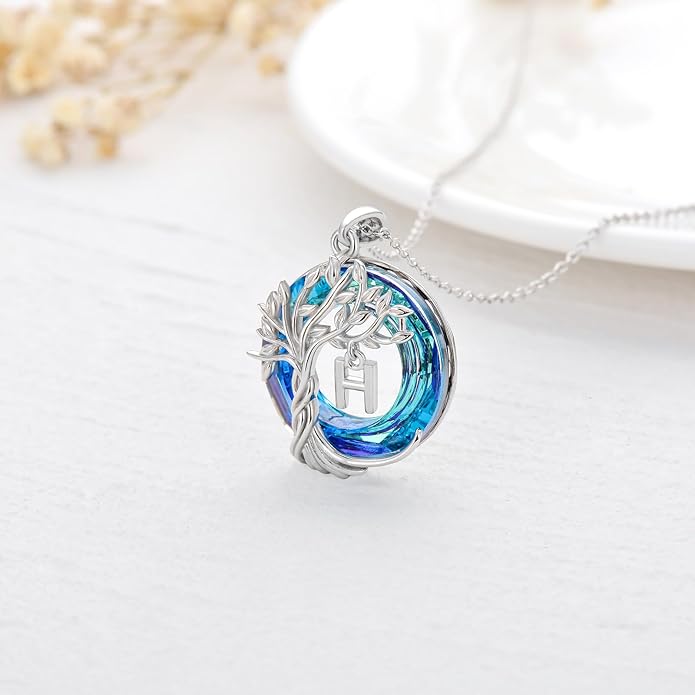 TOUPOP Gifts for Women Tree of Life Necklace 925 Sterling Silver Initial Pendant Family Tree Crystal Jewelry Valentine's Day Birthday Gifts for Her Mom Wife Girlfriend Daughter