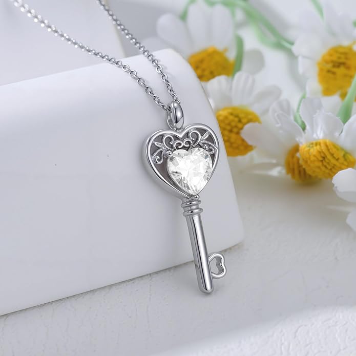 WSX Heart Key Birthstone Necklace for Women 925 Sterling Silver Love Key Pendant with Birthstone Valentine's Day Anniversary Jewelry Gift for Her