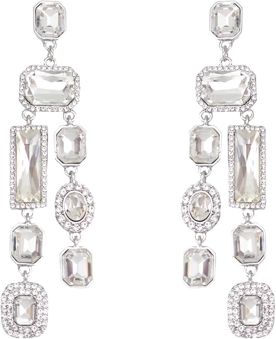 Vintage Rectangle Teardrop Chandelier Earrings, Art Deco Wedding Austrian Crystal Drop Dangle Earrings for Women Party Prom