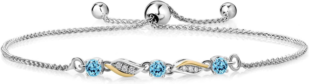 Gem Stone King 3-Stone Adjustable Bracelet for Women | 925 Silver and 10K Yellow Gold | Gemstone Birthstone and Lab Grown Diamond | Round 3MM | Two-Tone Adjustable Tennis Bracelet Up to 9 Inch