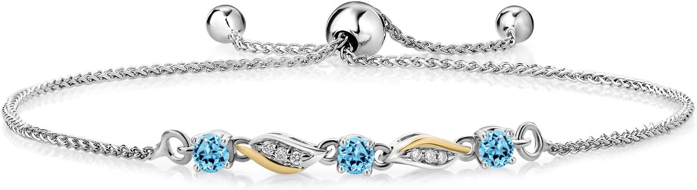 Gem Stone King 3-Stone Adjustable Bracelet for Women | 925 Silver and 10K Yellow Gold | Gemstone Birthstone and Lab Grown Diamond | Round 3MM | Two-Tone Adjustable Tennis Bracelet Up to 9 Inch