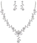 BriLove Women's Wedding Jewelry Leaf Cluster Flower Crystal Dangle Earrings Pendant Necklace Set for Bridal