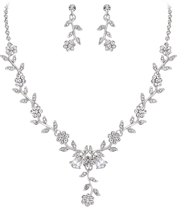 BriLove Women's Wedding Jewelry Leaf Cluster Flower Crystal Dangle Earrings Pendant Necklace Set for Bridal