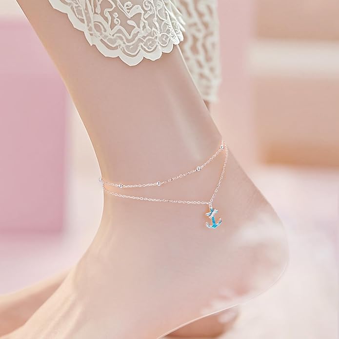 S925 Sterling Silver Ankle Bracelets Anchor/infinity/Starfish Anklet for Women Blue Opal Moonstone Anklet Foot Chain Beach Anklets Jewelry