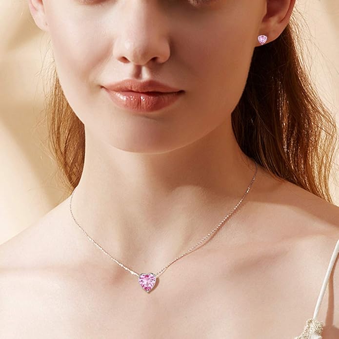Aurora Tears Hearts Necklace Earrings Jewelry Sets - Women 925 Sterling Silver Birthstone Pendants Earrings Set Crystal Wedding Birthday Jewelry