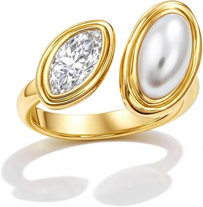 Mchic Adjustable Chunky Rings for Women: Dainty Natural Gemstone Ring Stainless Steel 18K Gold/Silver Plated Band Rings Non Tarnish Waterproof Statement Fashion Jewelry Gift for Women