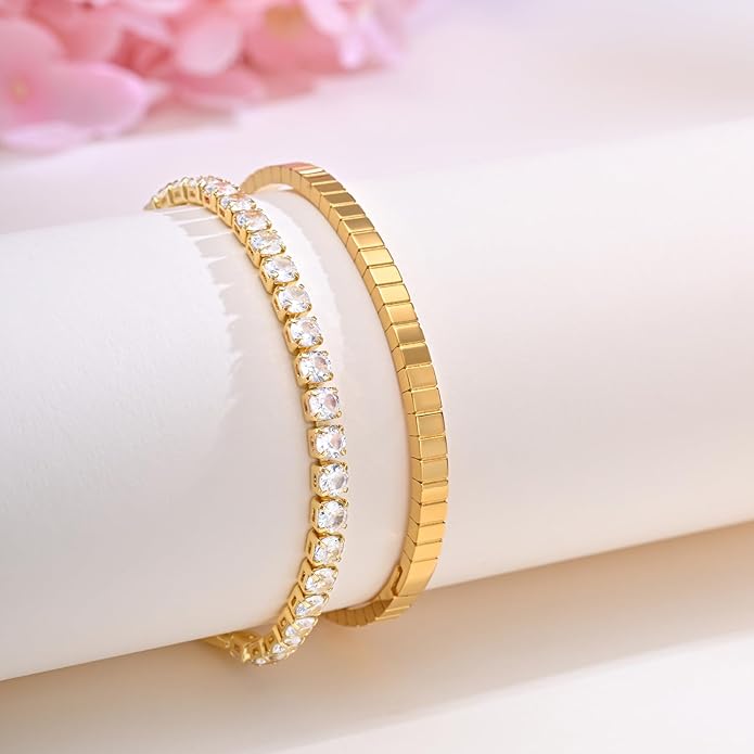 Stackable Gold Bracelets for Women - 2Pcs 18K Gold Plated Cubic Zirconia Bangle Bracelet Friendship Tennis Bracelet Stack Jewelry,Party Christmas Birthday Gifts for Her Girlfriend Sister Wife Daughter