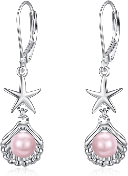 VONALA Silver/Gold Seashell Pearl Dangle Earrings 925 Sterling Silver Beach Drop Dangle Earrings Starfish Leverback Earrings Ocean Jewelry Gifts for Women