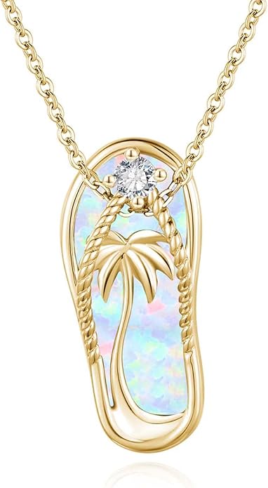 Midir&Etain Ocean Necklace 925 Sterling Silver Blue Opal Necklace Starfish/Flip Flop/Shark Pendant Beach Ocean Jewelry for Women