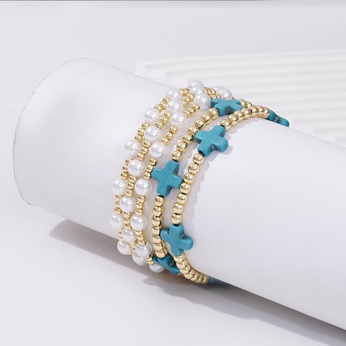 Gold Plated Beaded Bracelets for Women Trendy, 14K Gold Plated Stack Cross Pearl Gold Plated Bead Stretch Bracelets Set Elastic Hypoallergenic Bracelets Jewelry Gifts