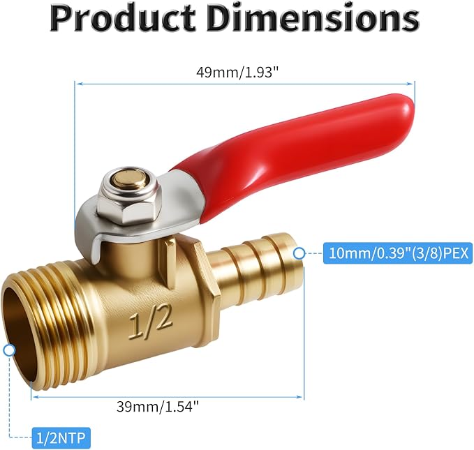 2 Pcs Brass Ball Valve, 10mm x 1/2 Inch, Male NPT | Full Port Shut Off Valve - Image 2