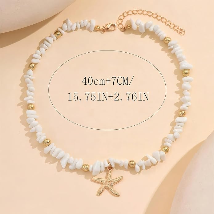 Shell Starfish Necklace for Women, 14k Gold Plated Boho Layered Beaded Charm Pendant Necklace, Dainty Adjustable Pearl Conch Summer Beach Vacation Jewelry Gifts