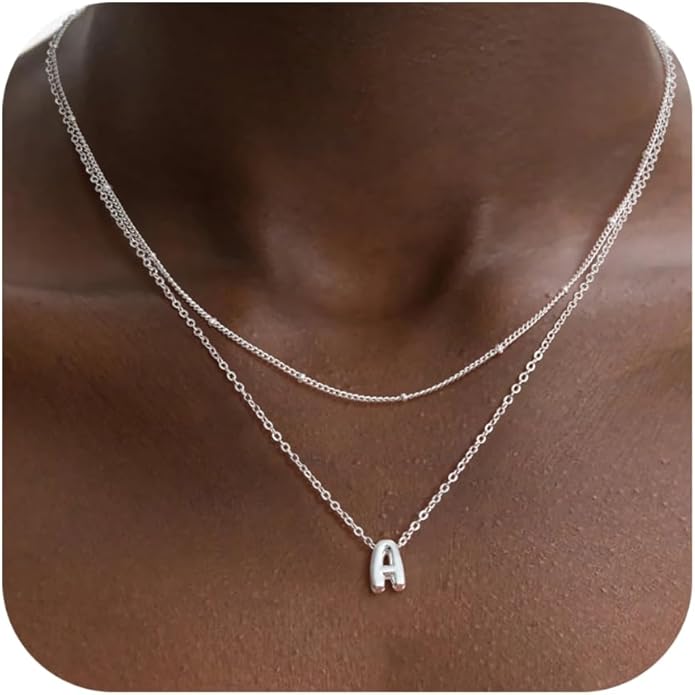 Valentines Day Gifts for Her - Bubble Letter Necklace Layered 14K Gold Plated Initial Necklaces for Women Dainty Cute Choker Pendant Stack Jewelry Fashion Accessories Teen Gift Trendy Stuff