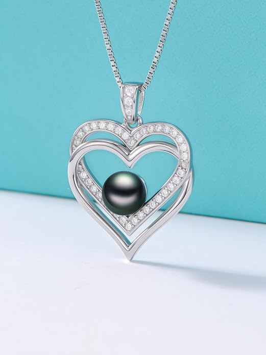 Tahitian Black Pearl AAAA 18K White Gold Plated Sterling Silver Heart Pendant Necklace for Women Wife Mom Girlfriend Valentine Her Jewelry Gift for Anniversary Birthday Christmas