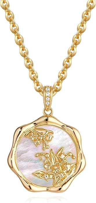 MTMY Birth Flower Necklace 14K Gold Plated Mother of Pearl Disc Birth Month Flower Pendant Necklaces for Women Personalized Custom Floral Jewelry Birthday Gift